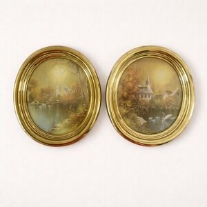 Vintage 1986 Homco Home Interiors Oval Gold Framed Chutch Swan Prints Set of 2